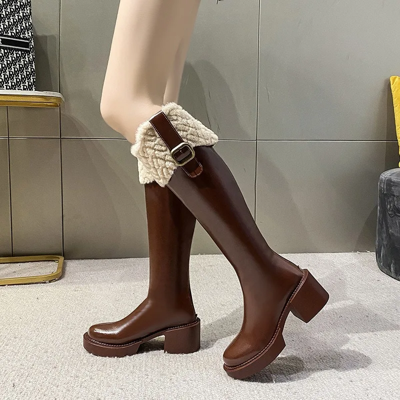 Knee Long Boots Plush Women's Heels Shoes Square Heel Belt Buckle Snow Boots for Women Warm Plus Velvet Woman 2024 Western Boots