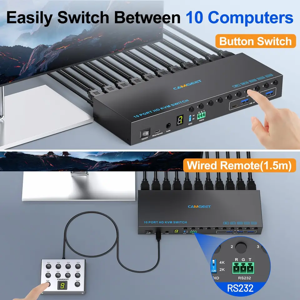 KVM Switch HDMI 10 Porte 4K@60Hz - Condivisione 1 Monitor E 4 USB Per 10 PC, Con Telecomando - Foto 3