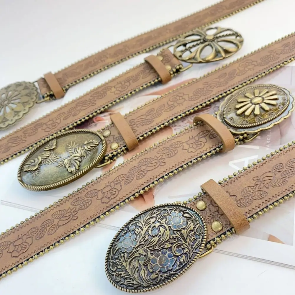 Modischer verstellbarer Damengürtel, Vintage-PU-Leder-Cowboy-Gürtel mit gravierter Schnalle, Boho-Western-Gürtel für Jeans, Hosen, Kleider – Detail 5