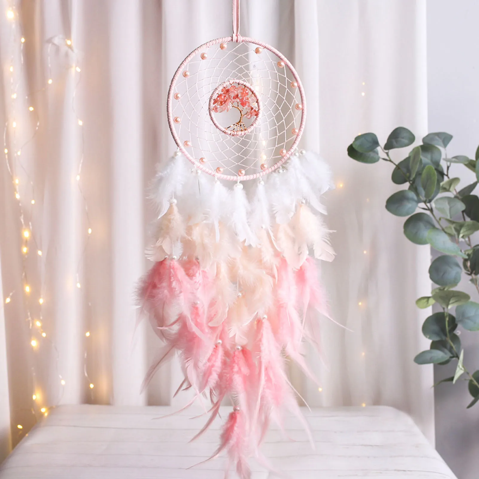 Bomen Van Leven Crystal Dream Catcher Handgemaakte Veren Dreamcatcher Muur Art Decor Healing Stone Dream Catchers Gordijnen Ornament