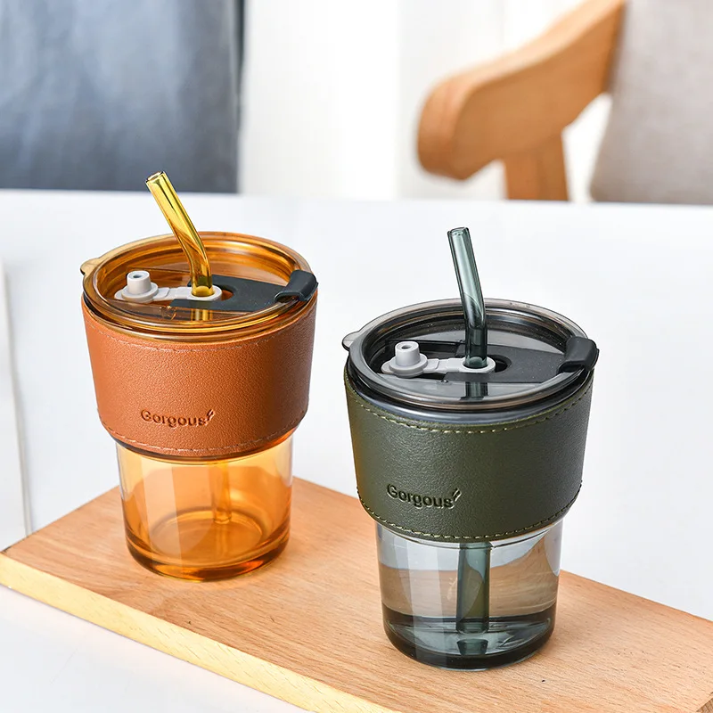 400ml Coffee Cup Glass Mug Cups With Lids and Straws Leak-proof