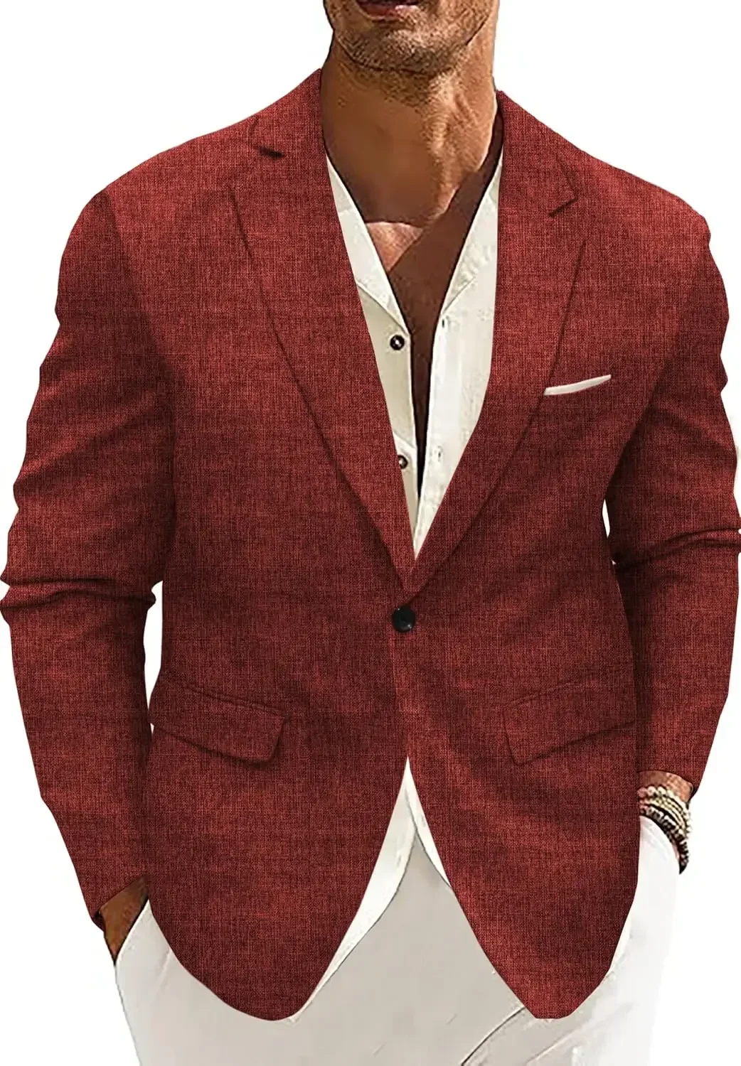 thumbnail image 1 of Trajes casuales para hombre, chaqueta deportiva de lino, chaqueta individual, solapa con muescas, traje masculino para verano, playa, vestidos de boda, fiesta, disfraces de lino, 1 of 4