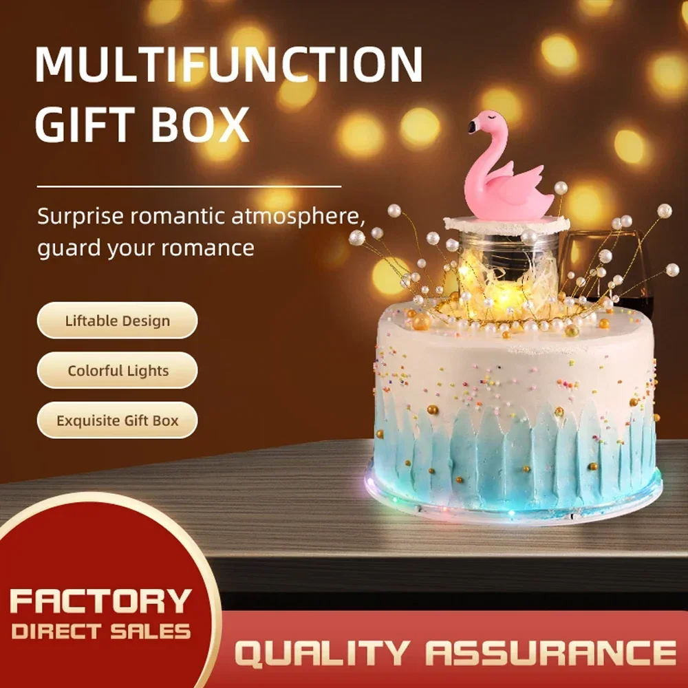 Birthday cake gift hidden box, magic cake mysterious box,Surprise novelty  Popping Cake stand remote control with music and light