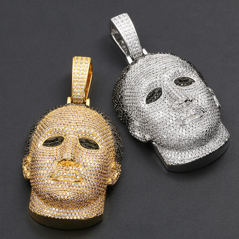 Hip Hop 5A+ CZ Stone Bling Iced Out Man Head Mask Pendants Necklaces ...