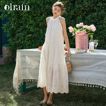 OLrain Holiday Vacation Embroidery Dresses Women 2026 Summer O-Neck Elegant Sweet Folds Midi Ladies Dress O24XL82683