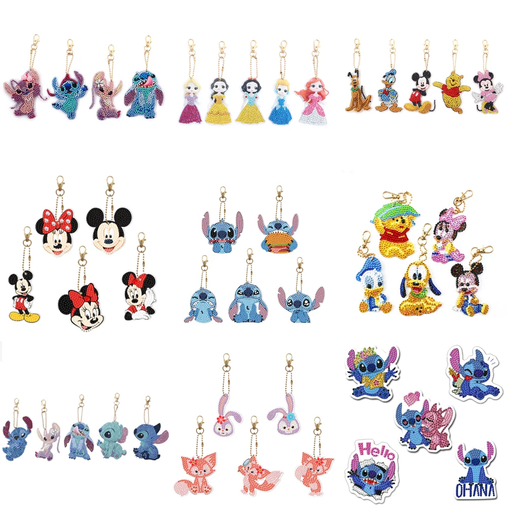 4/5Pcs Disney DIY Diamond Painting Keychain Cartoon Stitch Mickey Princess Rhinestone Art Mosiac Keyring Bag Pandant Craft Gifts