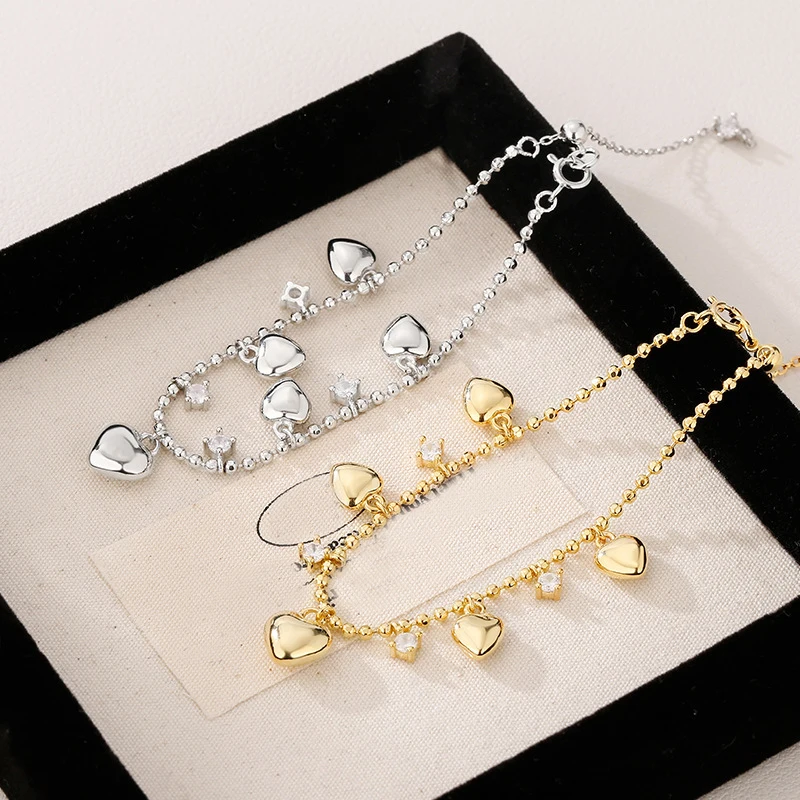 VENTFILLE 925 Sterling Silve Love Heart Anklet for Women Zircon Bead Chain Tassels Sweet Adjustable Jewelry Gift