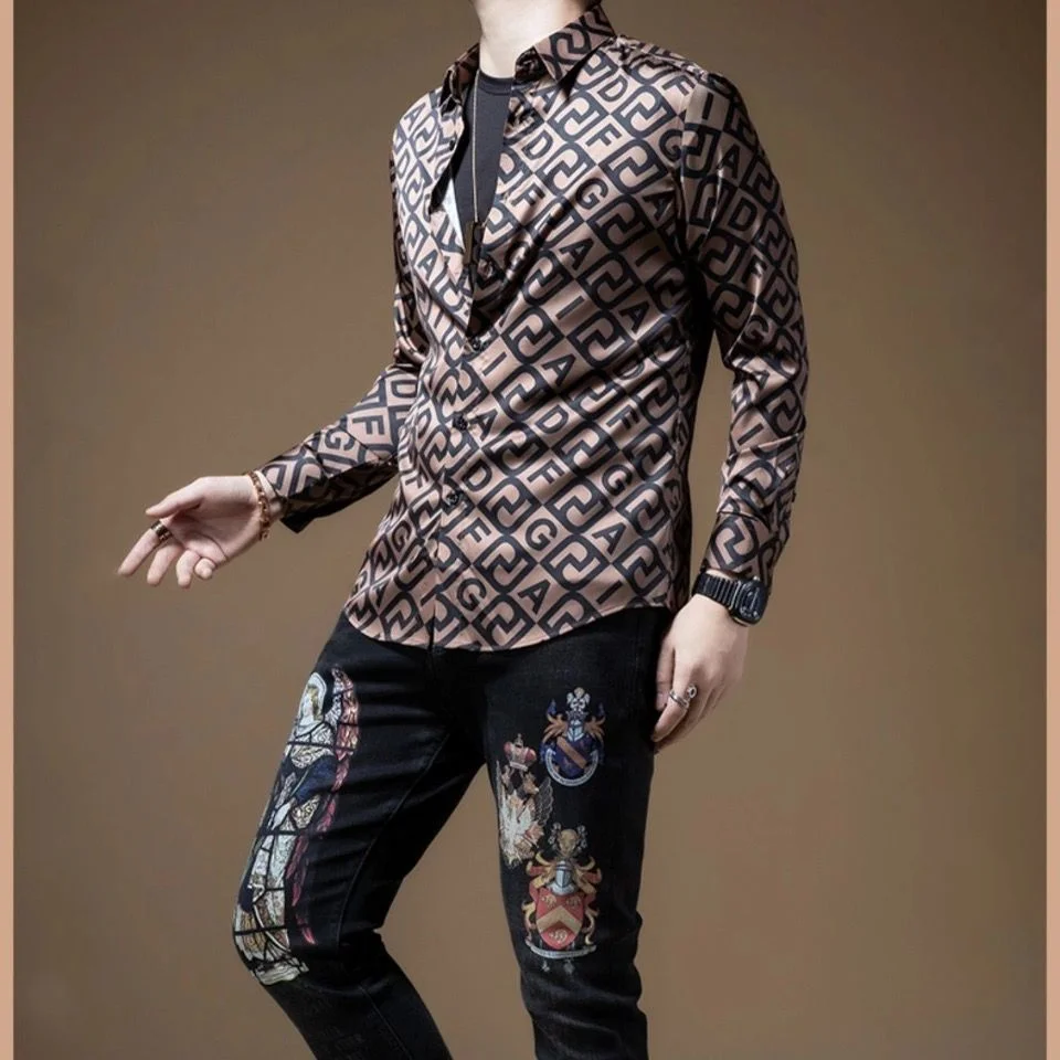 Men shirt long sleeve spring and autumn letter printing high quality shirts and blouses Korean fashion casual handsome jacket