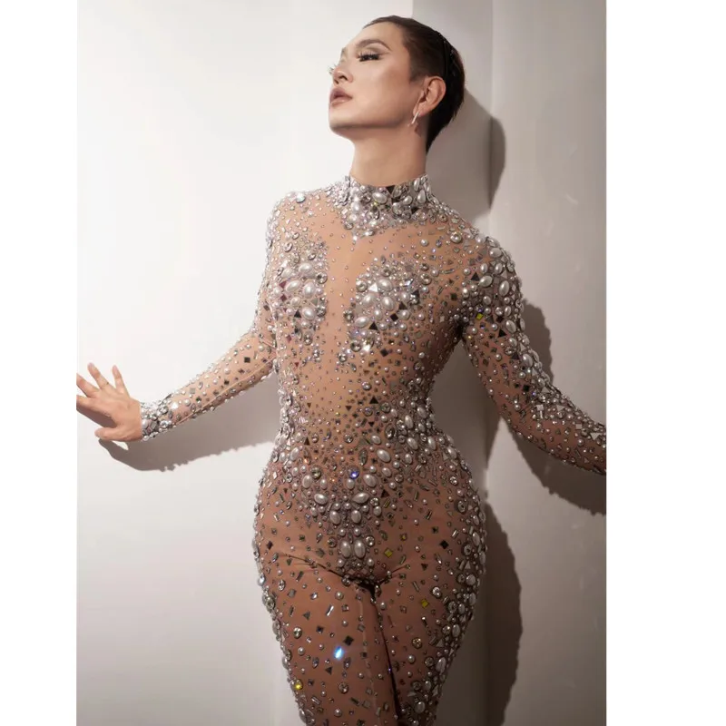 

Sparkly Rhinestones Pearl Long Sleeve Mesh Jumpsuit Sexy Club Stage Wear Women Singer Concert Evening Party Birthday Costume