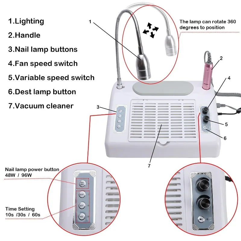 5 in 1 Nail Dust Collector for Acrylic Nails Light Electric Nail Drill Machine 30000rpm UV LED Nail Lamp for Gel Nails Polish 4