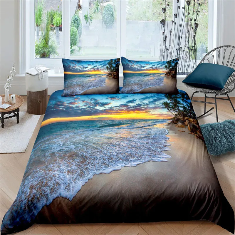 Beach Duvet Cover Set Polyester Tropical Island with The Palm Tree and Sea Beach Nature Theme Double Queen King Size Quilt Cover S40f7e46e9028416b951e8ff5103345b1c
