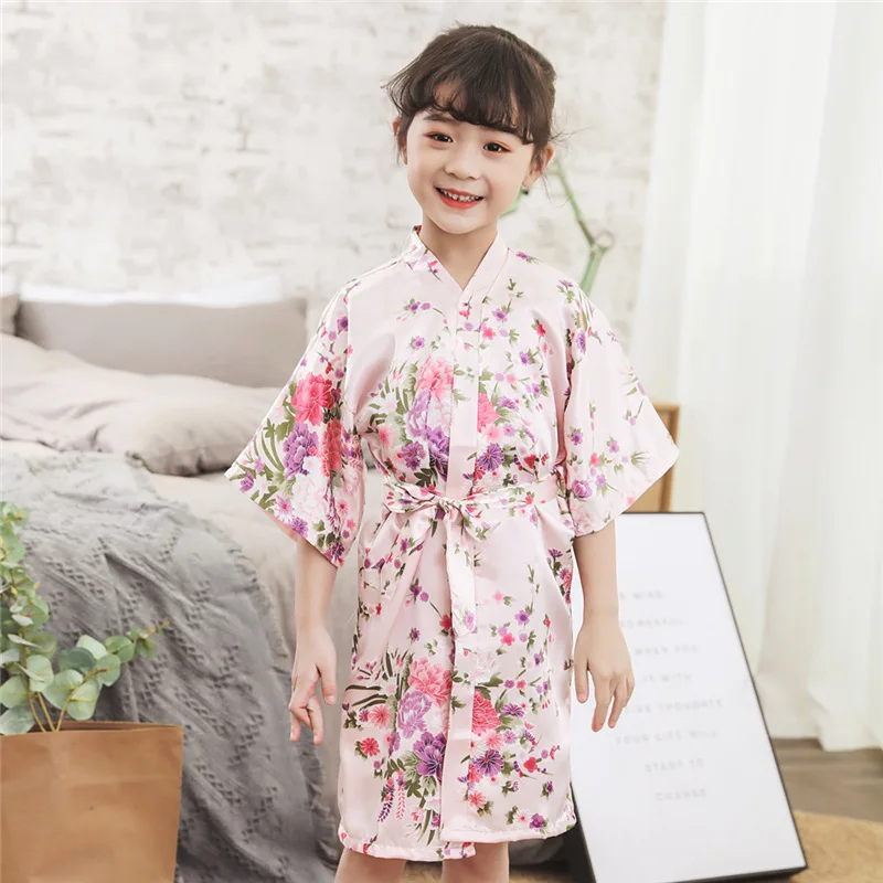 Girls Kimono Yukata Japanese Traditional Style Silk Floral Pajamas Bathrobe Kids Summer Asian Leisure Sleepwear Nightgown