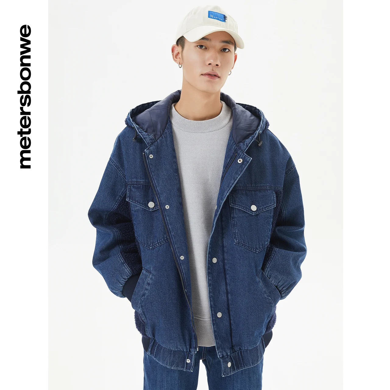 Metersbonwe Men 100%Cotton  Joint With Imitation Lamb Fur Hooded Loose Denim Jacket Winter Fashion Warm Cotton-Padded Jackets