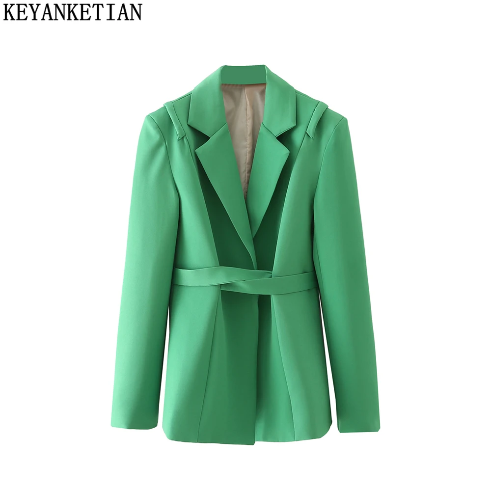 

KEYANKETIAN women's belted slim green suit spring and autumn commuter style women's slim buttonless epaulette jacket top
