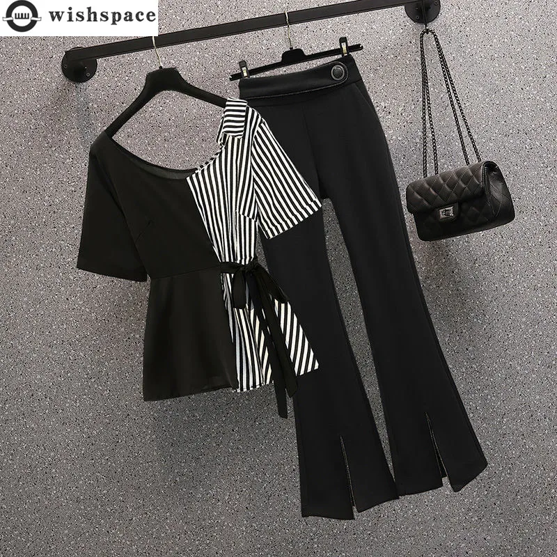 Summer New Elegant Women's Pants Set Black and White Stripe Chiffon Top Pants Two Piece Set Female Tracksuit Leisure Blazer 3d flame printed men s t shirt set summer o neck short sleeve tracksuit black casual sportswear fashion streetwear suit loose