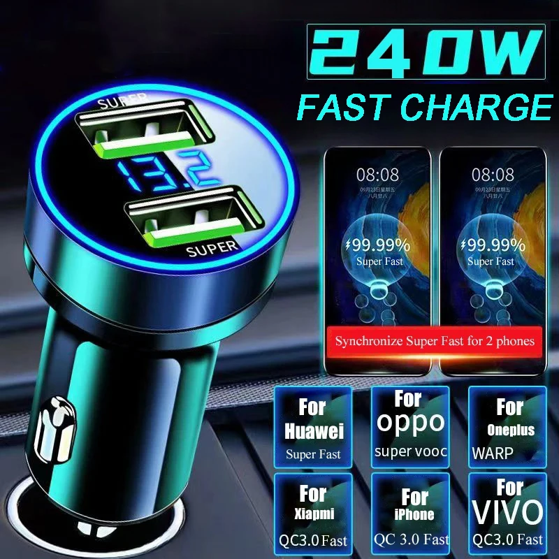 Caricabatteria Da Auto 240W Ricarica Super Veloce 2 Porte Usb Per Oneplus Oppo Huawei Iphone 15 14 13 12Pro Max Caricabatterie Samsung Xiaomi In Auto