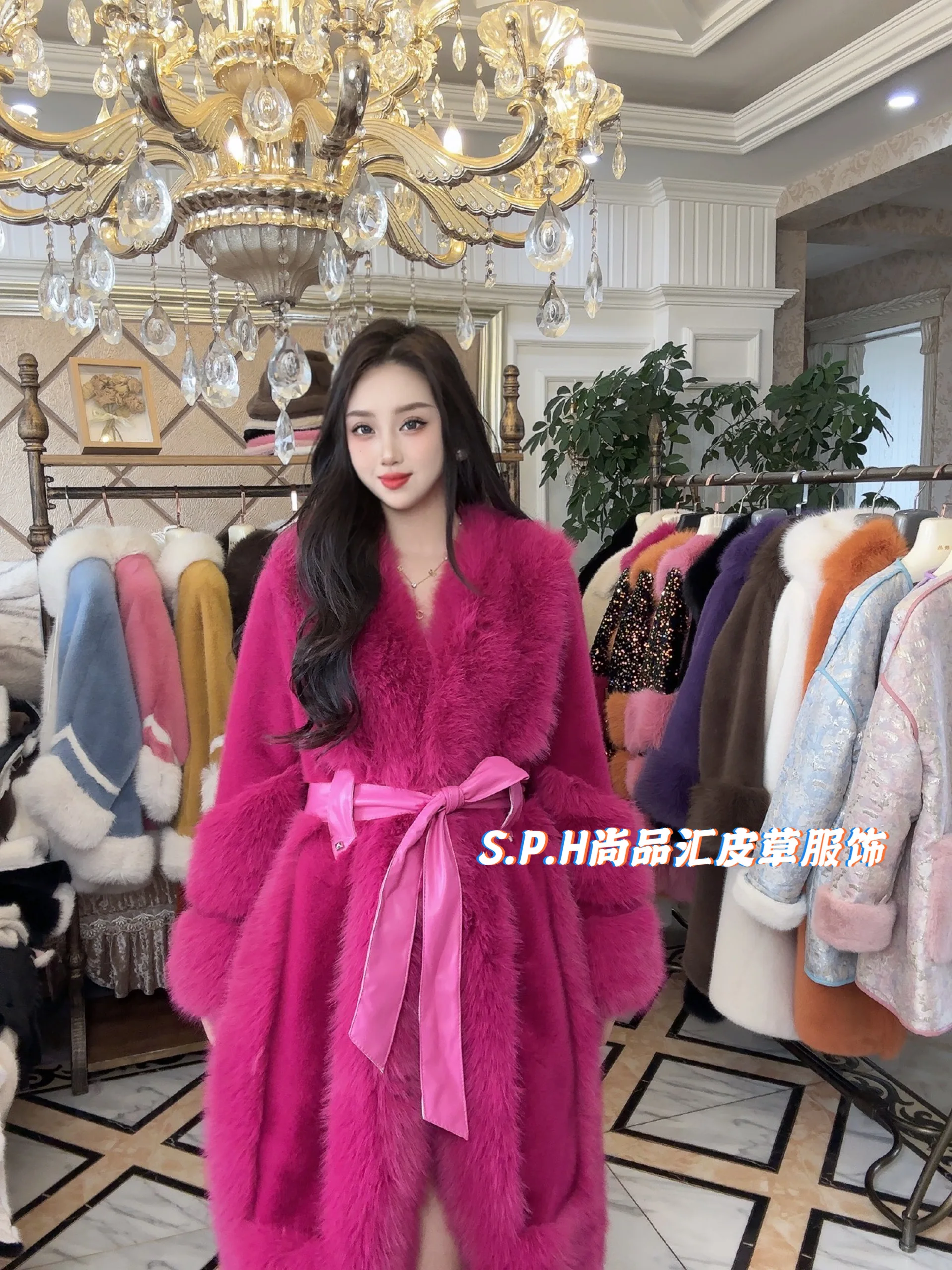 New Winter High-End Women's European Mink Fur Toka Fox Fur Long Coat Waist-Slimming Belt Temperament Slimming Faux Fur Jacket