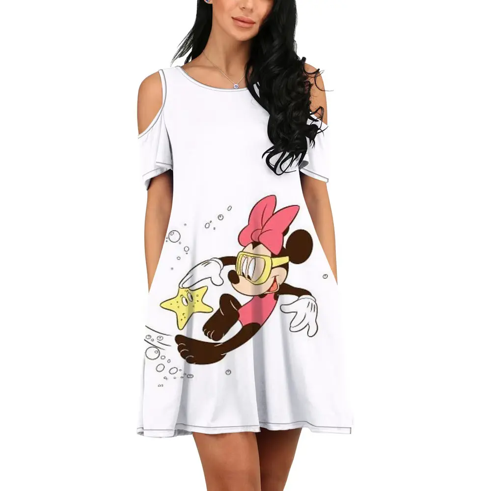 

Summer 2022 New Cute Mickey Minnie Harajuku Streetwear Disney Ladies Casual O Neck 3D Print Sexy Off Shoulder Dress y2k