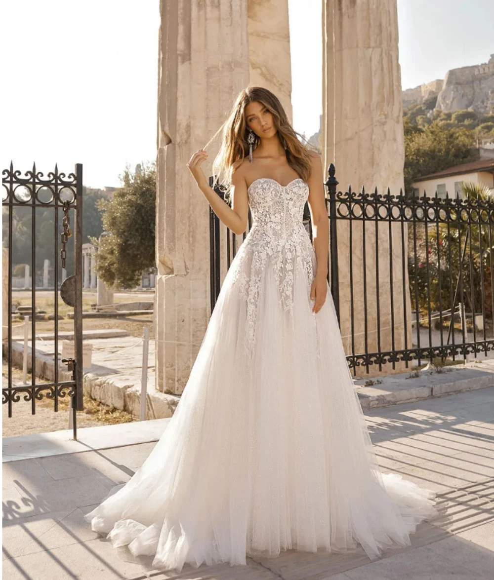 

New Beach Wedding Dress Sleeveless Lace Appliques A-Line Tulle Bridal Gown Floor-Length Wedding Party Dress Vestidos De Novias