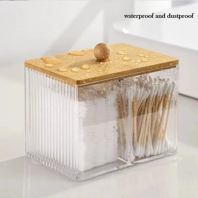 Acrylic Qtip Holder Dispenser Bathroom Jars with Bamboo Lids Cotton Ball Pad Round Swab Holder Clear Apothecary Canister Jar 3