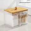Acrylic Qtip Holder Dispenser Bathroom Jars with Bamboo Lids Cotton Ball Pad Round Swab Holder Clear Apothecary Canister Jar 3