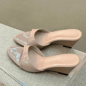2026 Wedges Heel Women Slippers Comfort Open Toe Slip On Pumps Ladies Outdoor Patent Leather Daily Wear Party Dress Slides 1