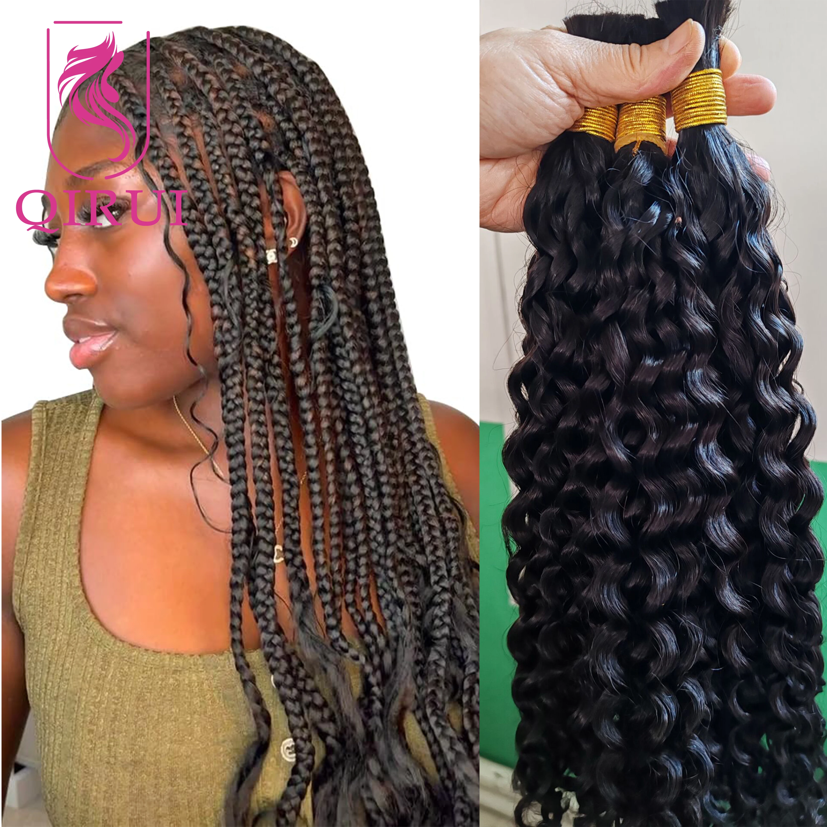 

Peruvian Bulk Human Hair For Braiding Deep Curly Double Drawn Boho Knotless Braids Hair Bundles No Weft Wholesale