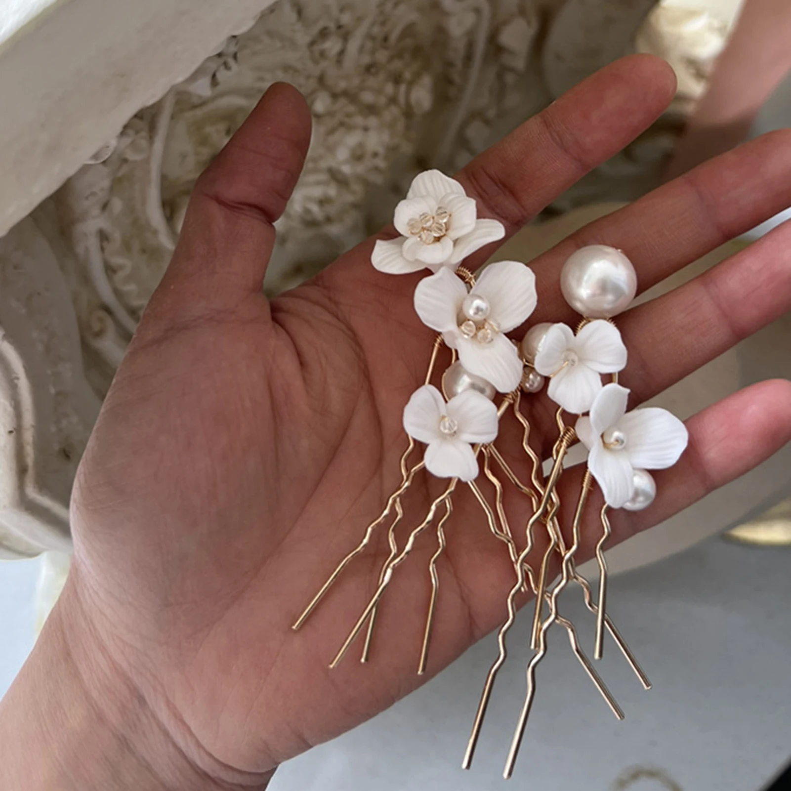 Simple U Shaped Hair Sticks Bride Wedding Headdress White Porcelain Flower Hairpins Hair Clips Bridal Jewelry Fairy Headpieces hair accessory,hair stick,hair clip,hair headdress,jewelry accessories,bridal headwear