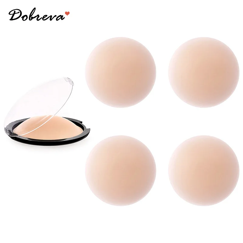 

DOBREVA 1 Pair Silicone Sticky Bra Women Non-Adhesive Nipple Pads Covers Reusable Breast Petals Ultra Thin Pasties with Box