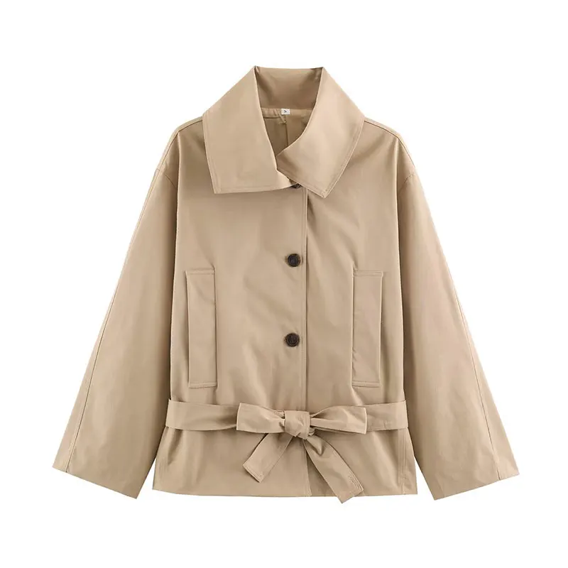 TFAFXY 2026 Nouveaux Manteaux Décontractés Chic pour Femme, Vestes Unies à Col Rabattu et Manches Longues, Coupe Ample avec Ceinture, Tendance Automne