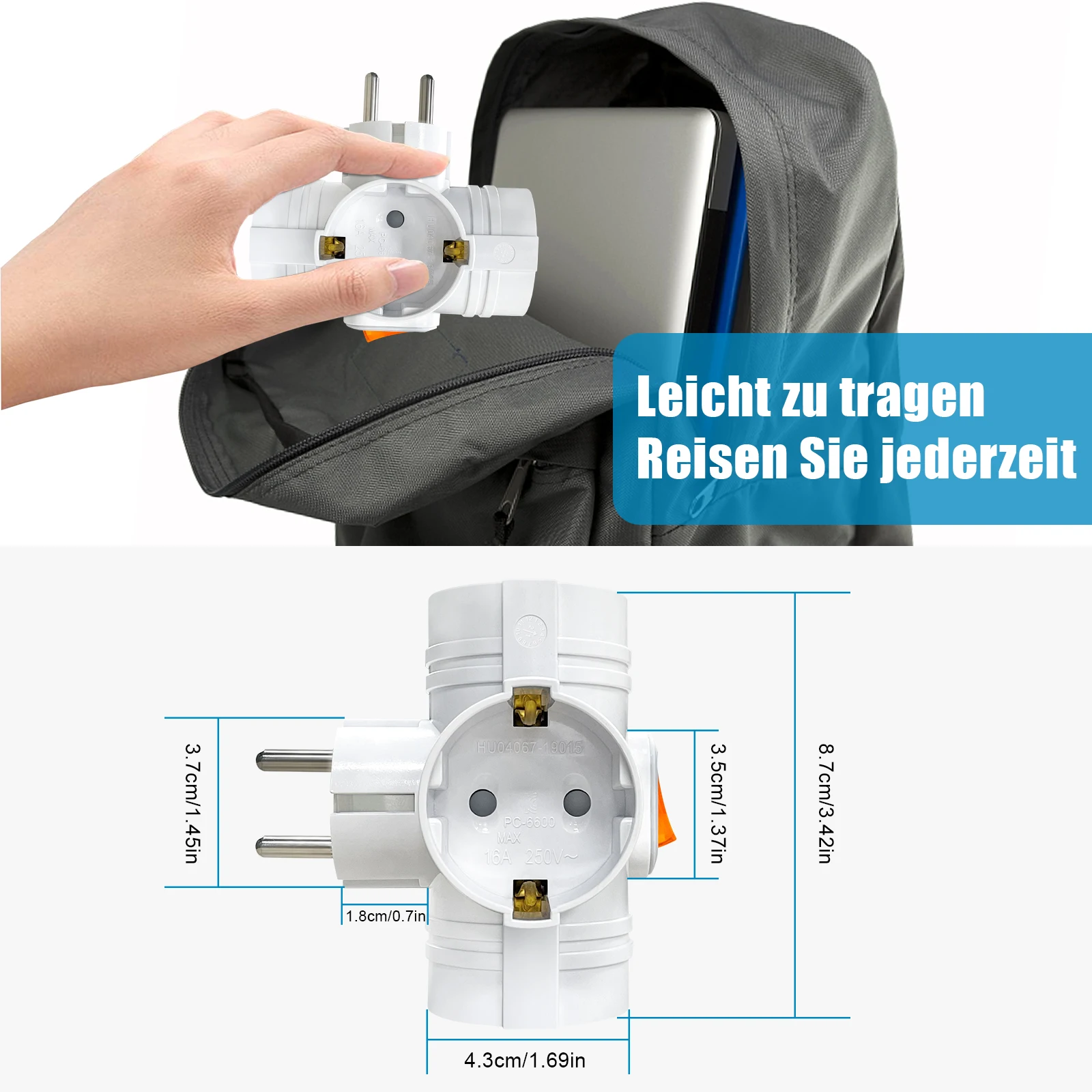 Eu Socket Adapter 3-in-1 On/Off 2-pin Expansion Socket Converter 250V/16A European German Standard
