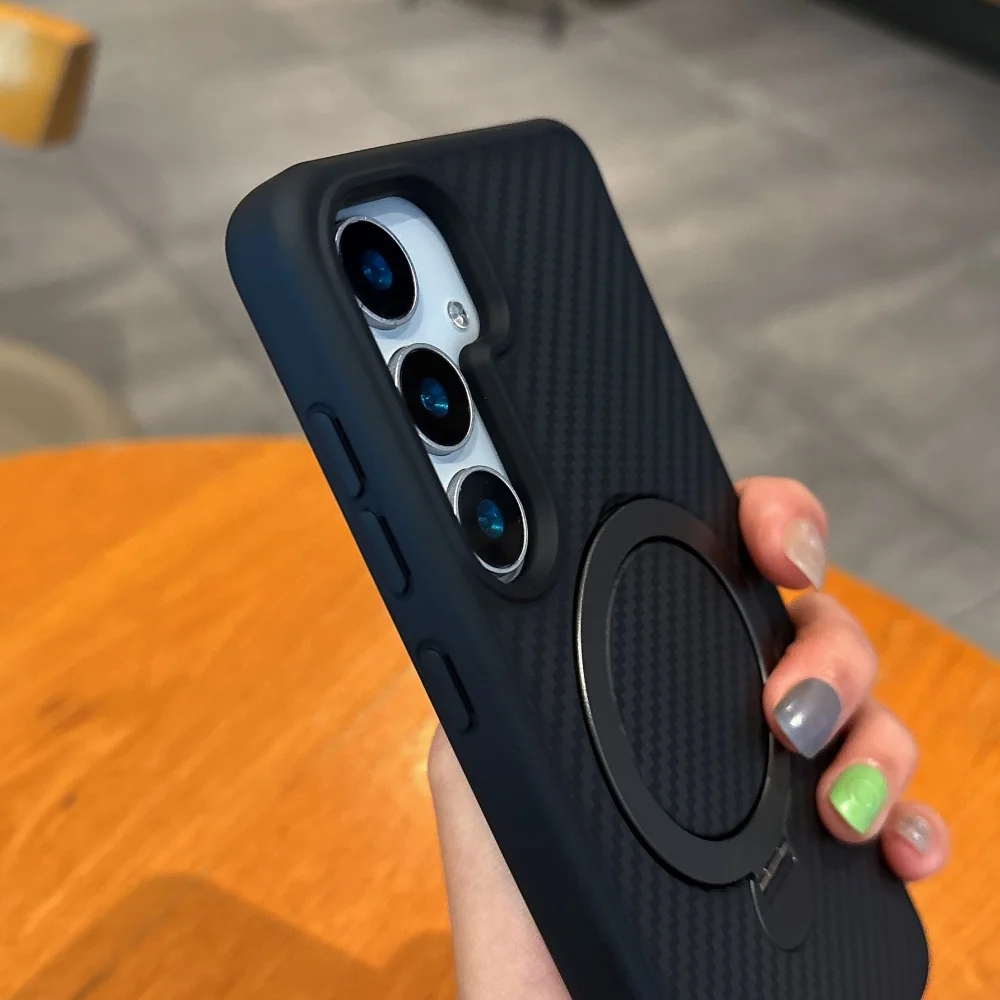 Luxury Kevlar Carbon Fiber Ring Magnetic Stand Holder Case - Soft Silicone Shockproof Cover