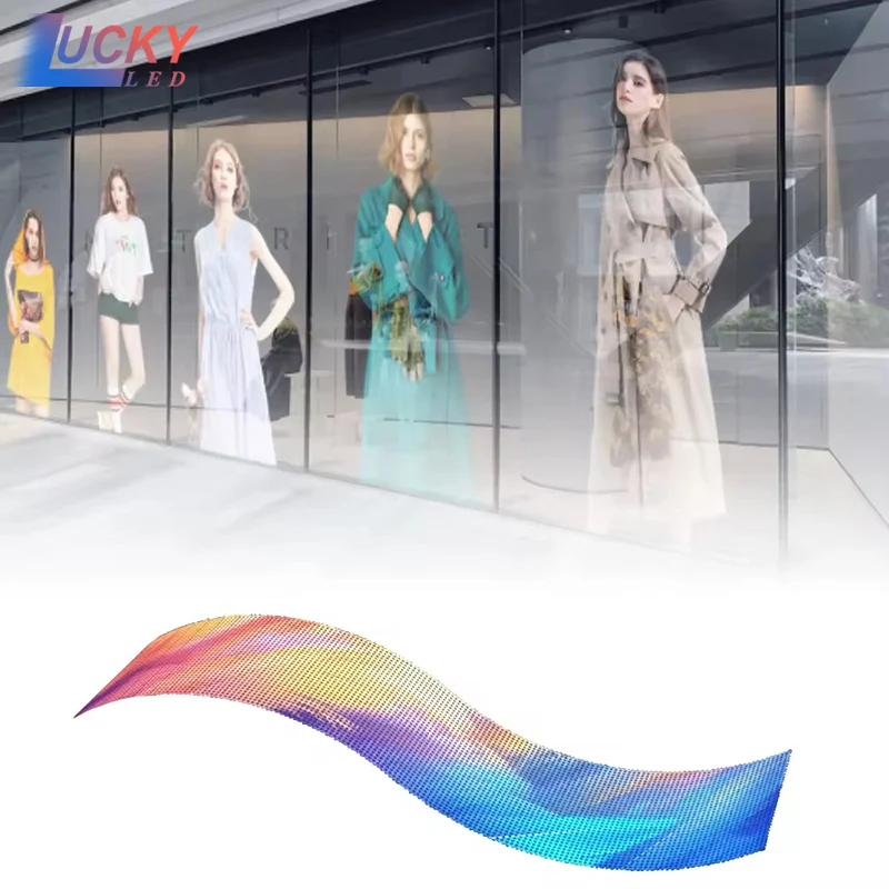 Flexible Transparent LED Display P6 P8 P10, Soft Curtain LED Screen, Foldable Transparent LED Video Window, High Transmittance 5