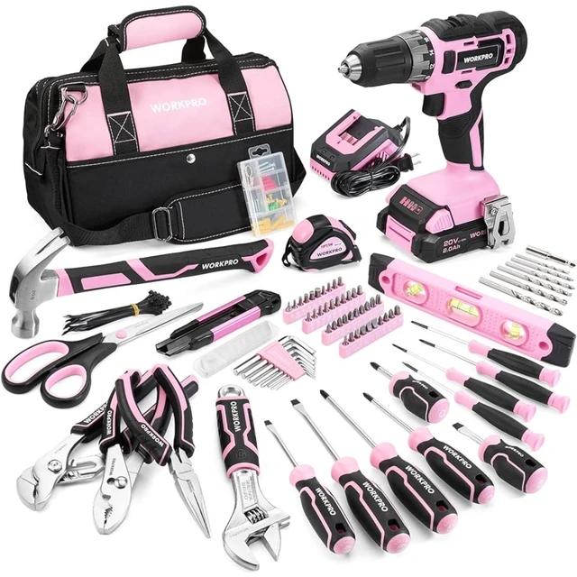 WORKPRO Pink Beginner Tool Set with 12 Inch Steel Tool Box with Wheel