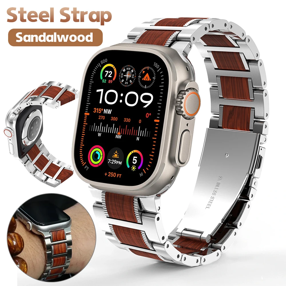 

Wooden Strap For Apple Watch Ultra2 9 8 7 Ultra 6 5 4 3 For iWatch 49mm 40mm 44mm 41mm 45mm Stainless Steel Link Sandalwood Band