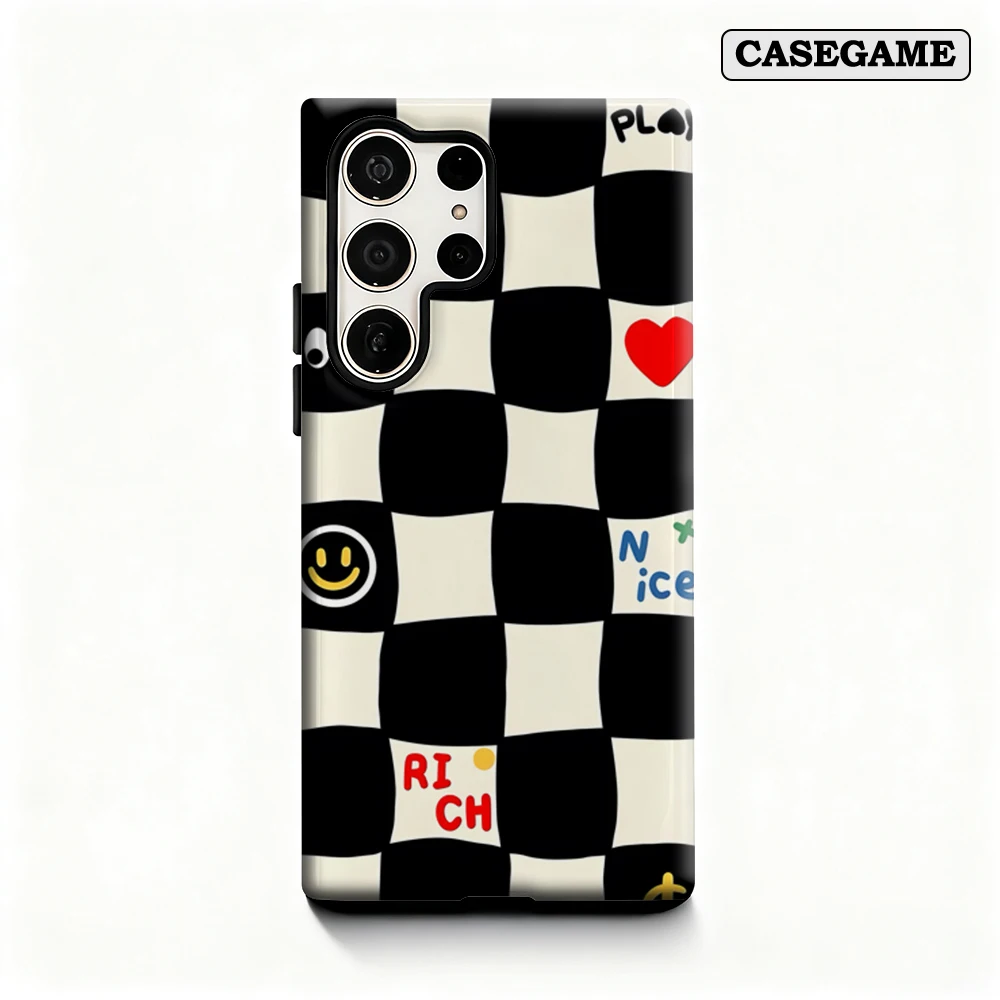 Checkerboard Shockproof Double Layer Phone Case with Cute Text Design