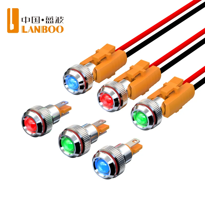 LANBOO 8mm 고휘도 금속 LED 표시등 핀 타입 신호등 선택형 커넥터 5개 산업용 전기 장비용