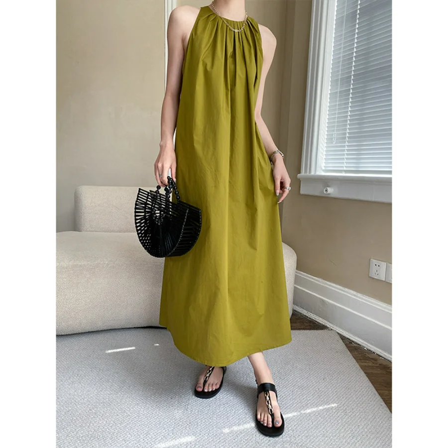 

Green Camisole Long Dresses Vest Holiday Neckline Pleats Sleeveless Cotton Suspender Dress Luxury Pullover Loose Waist Black Y2K