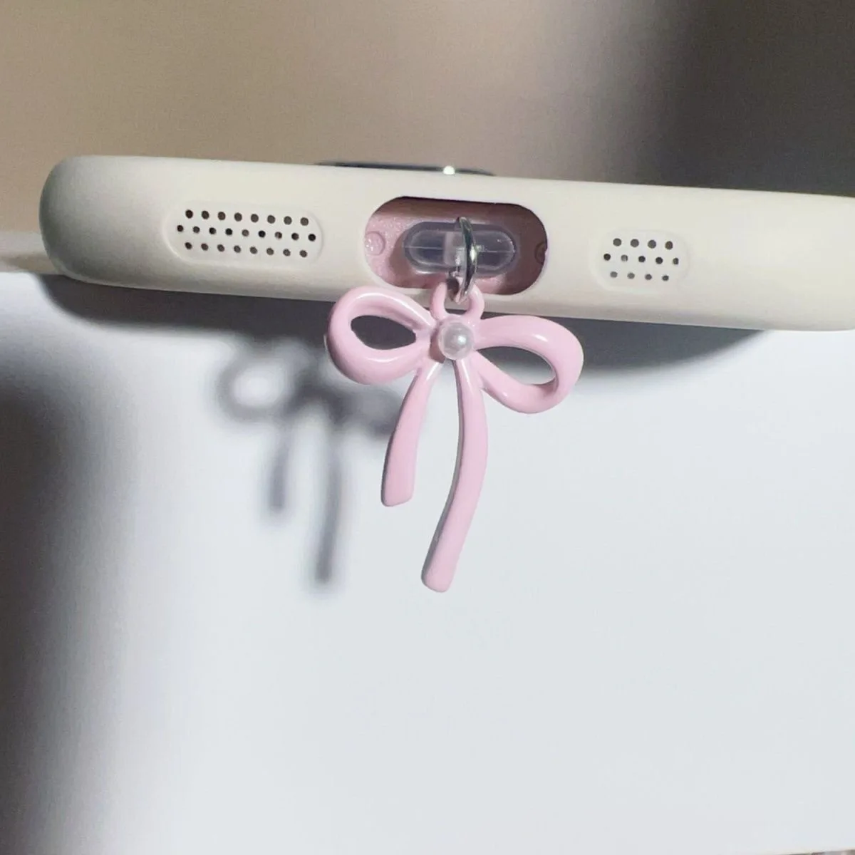 Purple Bow Knot Pink Pearl Pendant Phone Charm Dust Plug
