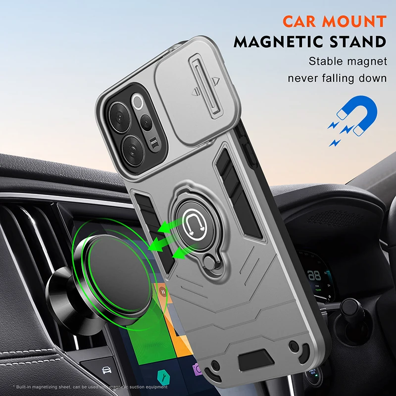 Popular Magnetic Ring Phone Case with Heavy Duty Armor and Camera Slide Cover for Enhanced Anti-Fall Protection