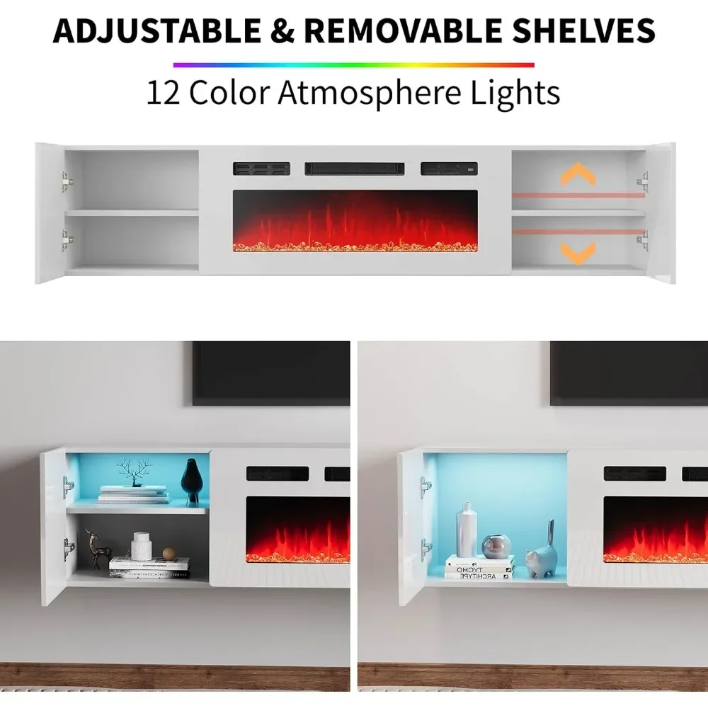 Floating TV Stand with 36 Electric Fireplace, High Gloss Finish Wall Mounted Fireplace Entertainment Center with Storage for TVs 5