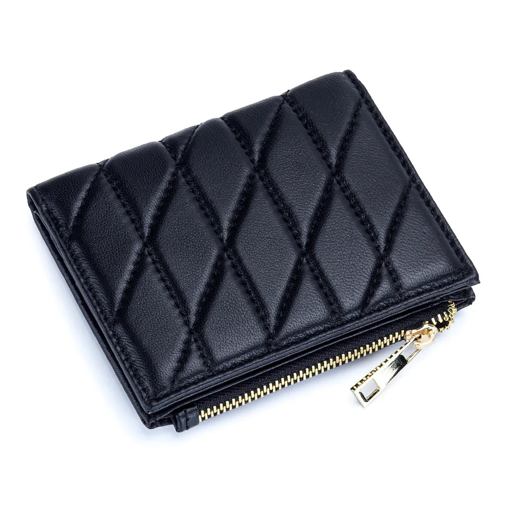 Small Wallet for Women Genuine Leather Card Holder Compact Ladies Wallet Sheepskin Quilted Bifold Purse with Zipper Coin Pocket