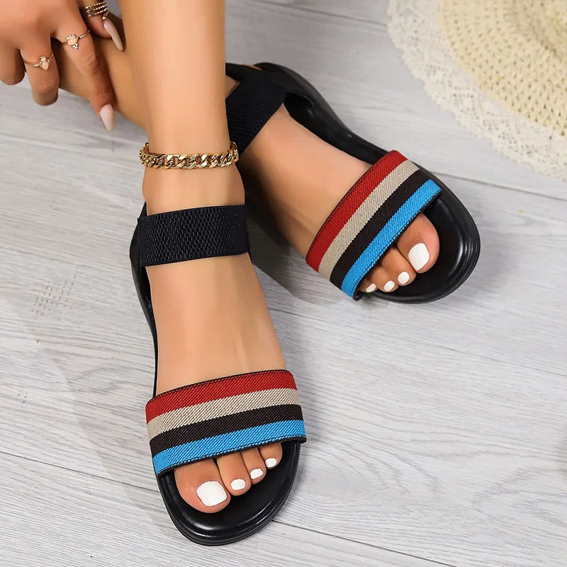 Summer Sandals Women Striped Knitted Strap Low Heels Sandals Elastic Bands Slip on Casual Shoes Slingback Open-toe Beach