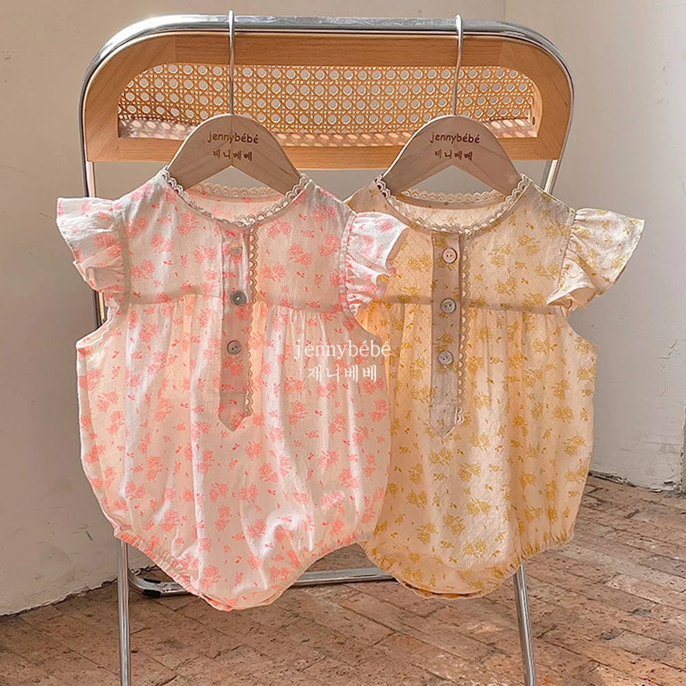 

Soft Breathable Vintage Floral Lace Romper Ruffle Sleeveless Toddler Baby Girls Clothes Newborn Baby Pure Cotton Bodysuit Summer