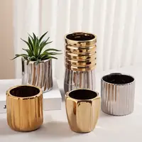 Geometric Gold Plating Personalized Small Flower Pot Nordic Light Luxury INS Style Desktop Ceramic Flower Pot with Porky Flowers 1