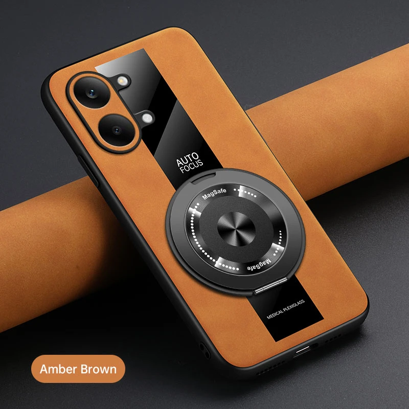 Luxury Leather Magnetic Holder Phone Case with Ring and Silicone Bumper