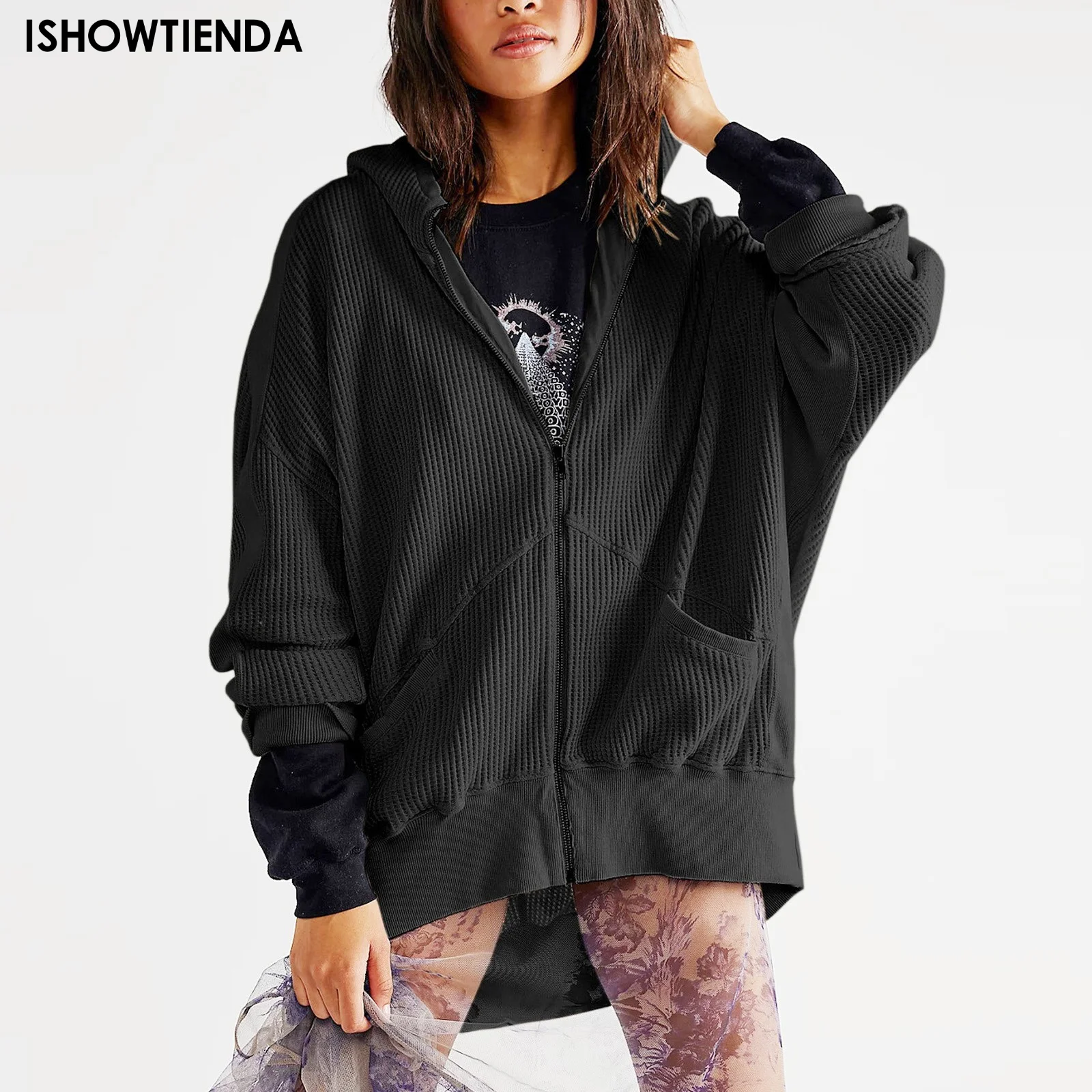 

Толстовка Женская однотонная с капюшоном, модный простой свободный свитер на молнии, с карманами, Большие базовые Топы в стиле хип-хоп, 2023