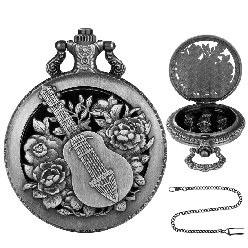 Vintage 7 x polyedrische Würfel aus Metall, Rollenspiel-Gaming-Würfel mit hohlem Gitarren-Blumen-Design, Taschenuhrengehäuse, Anhänger, Kette, Geschenke – Detail 4