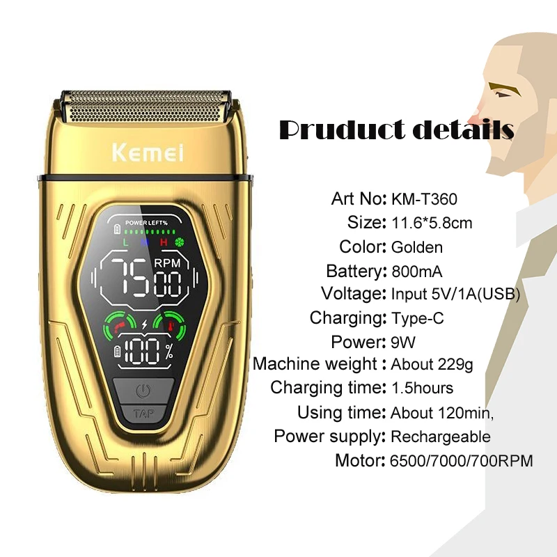 Kemei T360 New Electric Shaver with LED Display Screen Rechargeable Hair Beard Razor Bald Head Shaving for Men