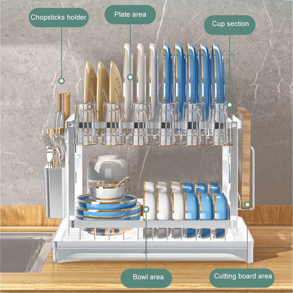 2 Tier Dish Bowl Drainer Storage Rack with Drain Basket Kitchen Dish Drying Rack Bowl Chopsticks Knife Fork Cup Storage Rack